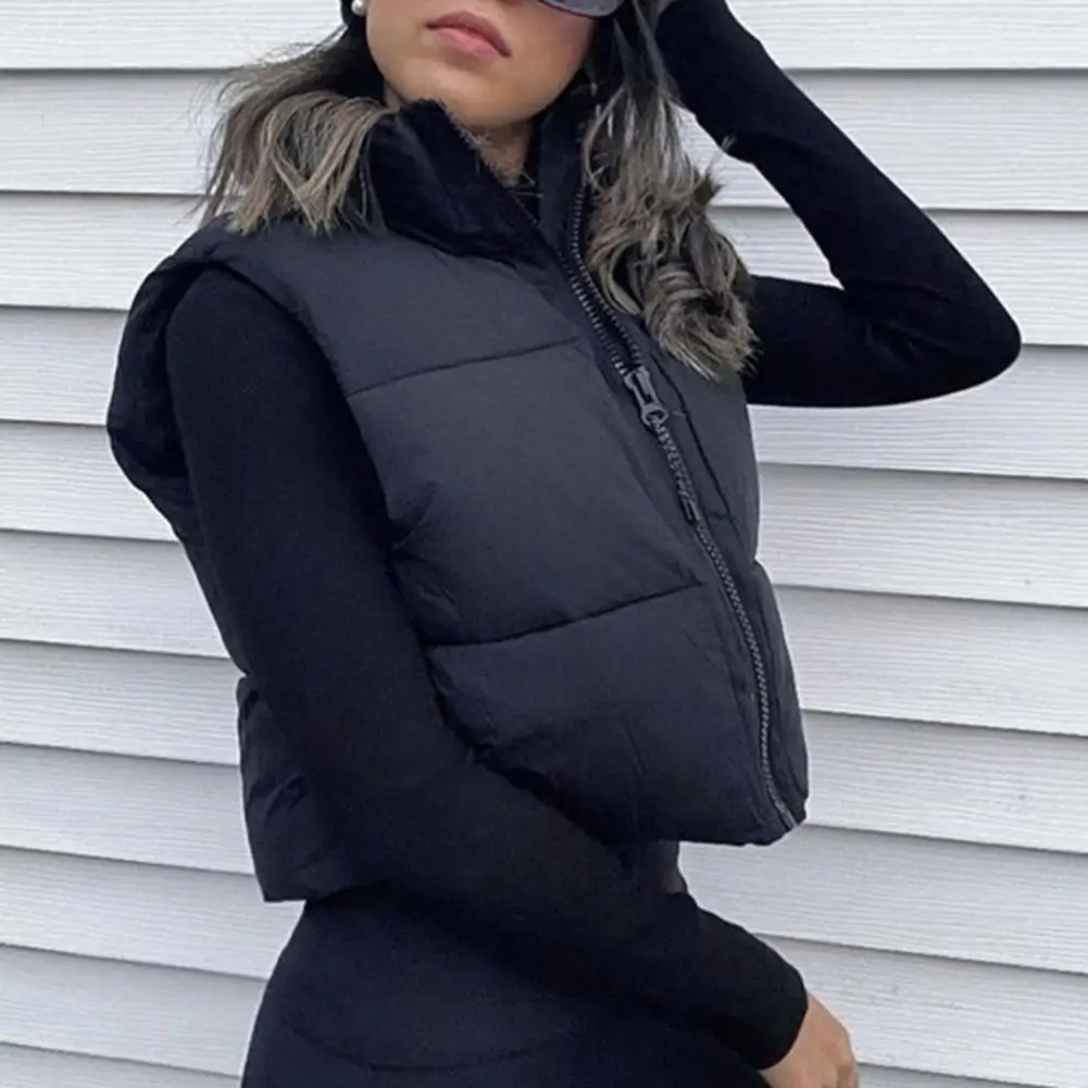 kf-S32ad7279966241bbaafd4849537d8fbaX Cropped Cotton Padded Vest Coat Stand Collar Sleeveless Zipper Placket Drawstring Hem Women Waistcoat Autumn Winter Outerwear 80 - Image 1