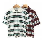 Summer Ladies Polo Shirts Woman Shorts Short Sleeve Brown Striped Vintage Clothes Polo Shirts Mujer Streetwear Crop Tops Casual