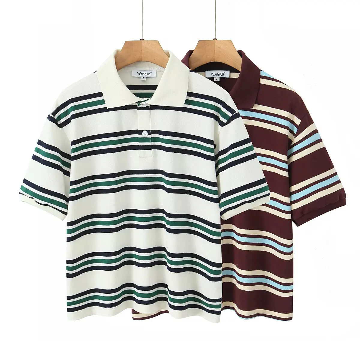 kf-S32f4076a215d4ff9996f4d8828b366cbg Summer Ladies Polo Shirts Woman Shorts Short Sleeve Brown Striped Vintage Clothes Polo Shirts Mujer Streetwear Crop Tops Casual - Image 1