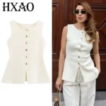 HXAO Women's Knit Vest Spring Summer 2025 Off White Long Outerwears Button Up Sleeveless Vest Women Chic Elegant Cardigan Woman