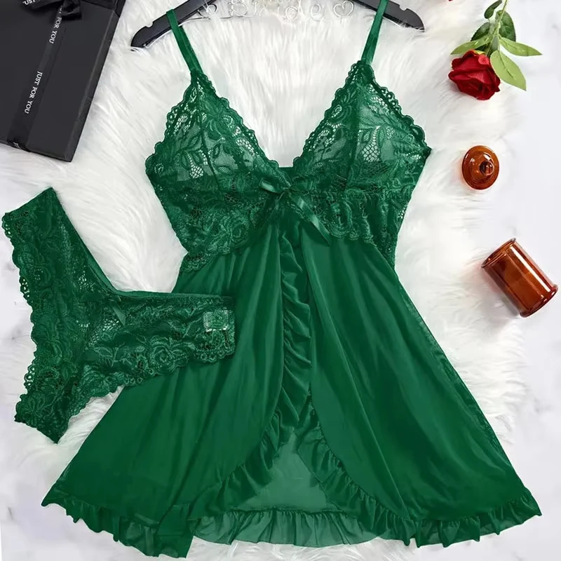 kf-S375c2b66530541988b53580d8fab6304n 2 Pcs Set Lace Nightgown Women Exquisite Homewear New Green Nighttime Pajamas Transparent Split Nightdress V-Neck Bra Panty Sets - Image 1