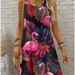 Women's Off Shoulder Sleeveless Crew Neck A-Line Dress,Bird Print,Magenta Pink Purple Orange, Casual Summer Beach Vacation Dress
