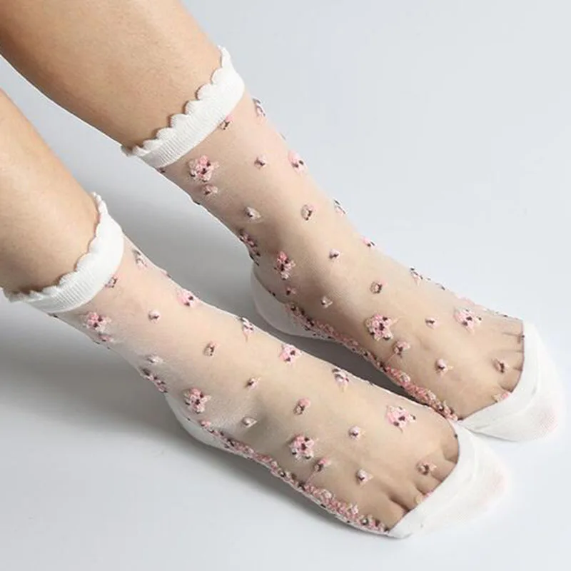 kf-S396dad9338094dc290067c1dcf1ed8ccj 1 Pair Summer Cute Lace Short Socks Women Sexy Glass Silk Floral Breathable Ultra Thin Hosiery Girl Transparent Elastic Socks - Image 1