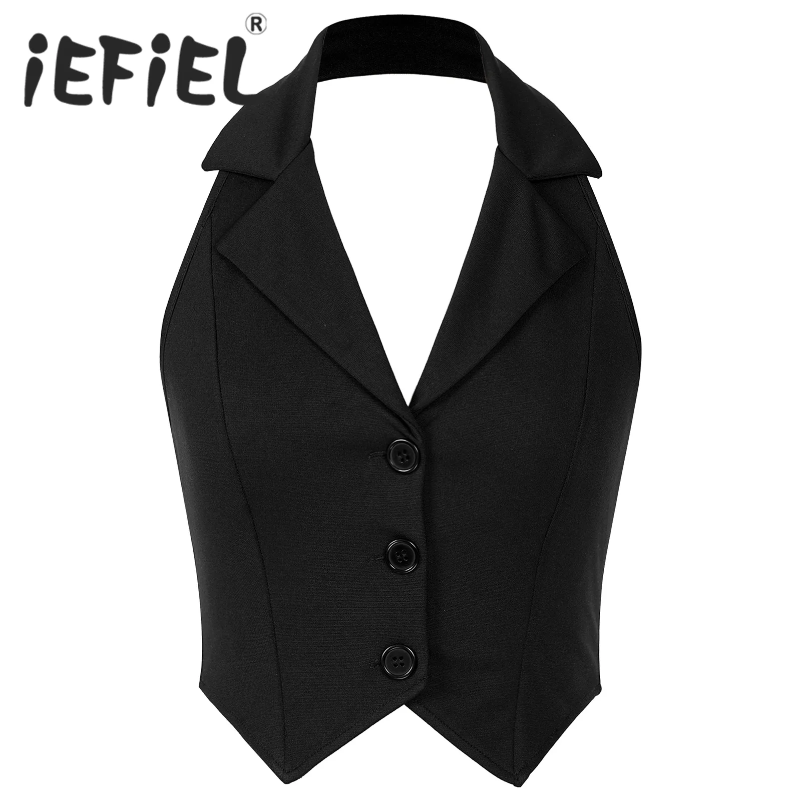 kf-S397c8f9da4624a26a75d01d6b8ad87882 Womens Fashion Vest Shirts Separate Waistcoat Crop Tops Lapel Halter Backless Button Down Pointed Hem Vest for Party Formal Wear - Image 1