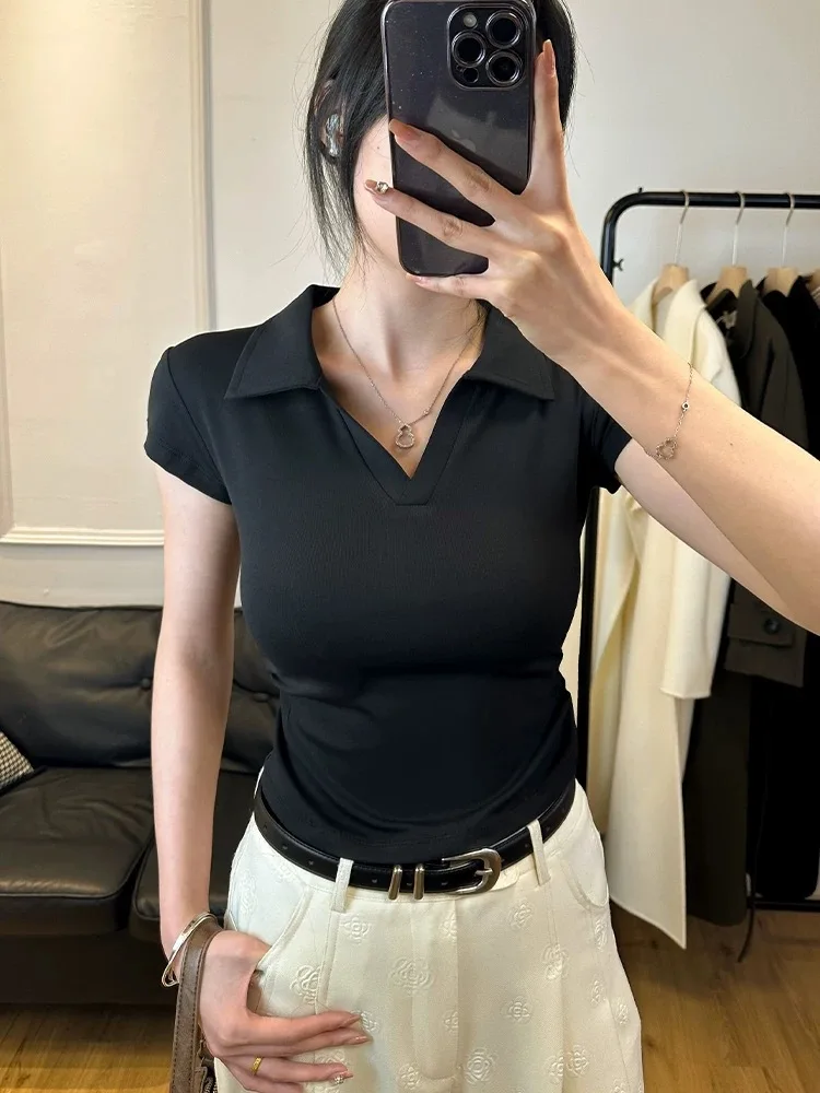 kf-S39cf95917d874cc9871cd3e2a91af4a2B Cotton Summer Sexy Women's T Shirt Skinny Slim Basic Solid Crop Top Short Sleeve Polo TShirtCasual Top Tee for Women - Image 1