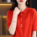 Womens Pure Cotton Polo Collar Short Sleeve Tshirt Summer Casual Loose Knitted Button Pullover Top Comfortable Breathable Blouse