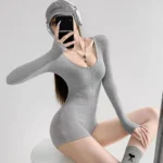 Women's Short Jumpsuits Slim Fit Stretch One Piece Yoga Playsuits Romper Sexy Fitness Grey Basic Low-cut Zipper Sportwears