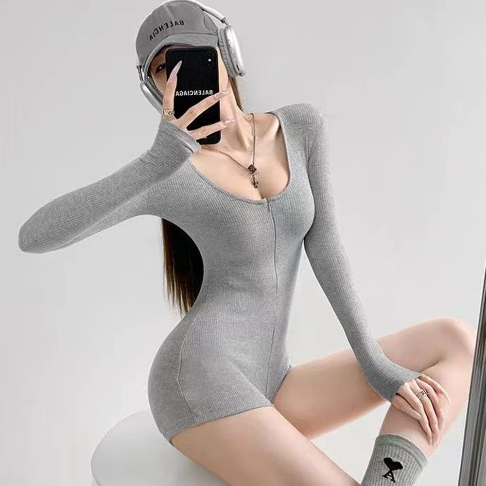 kf-S4071025acfdc46fdb81d014fb1257cc57 Women's Short Jumpsuits Slim Fit Stretch One Piece Yoga Playsuits Romper Sexy Fitness Grey Basic Low-cut Zipper Sportwears - Image 1