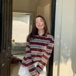 Summer Polo Shirts Woman Long Sleeve Crop Top Color Block Green Stripe Print Polo Shirts Mujer Casual Tops Striped Brown Autumn