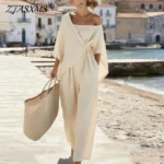 Fashion Streetwear Jumpsuits for Woman Spring Off Shoulder Batwing Sleeve Wrap Tie Waist Rompers Elegant Wide Leg Overalls Mujer