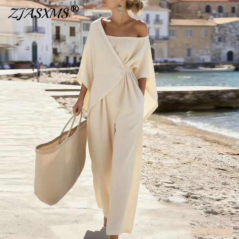 kf-S43dd8dbf101b43259d0438472c99efbc9 Fashion Streetwear Jumpsuits for Woman Spring Off Shoulder Batwing Sleeve Wrap Tie Waist Rompers Elegant Wide Leg Overalls Mujer - Image 1