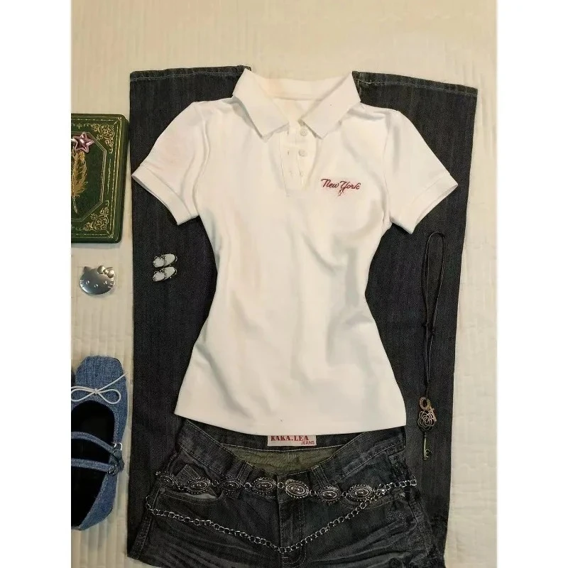 kf-S443418561a204d82af893466271b3b22o Deeptown White Vintage Letter Embroidery Women's T-Shirts Basic Short Sleeve American Style Polo Collar Tees Slim Gyaru Summer - Image 1
