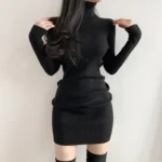 Women Autumn Winter Turtleneck Warm Bodycon Dress Long Sleeve Knit Solid Office Pullover Sexy Mini Dress for Ladies 2025