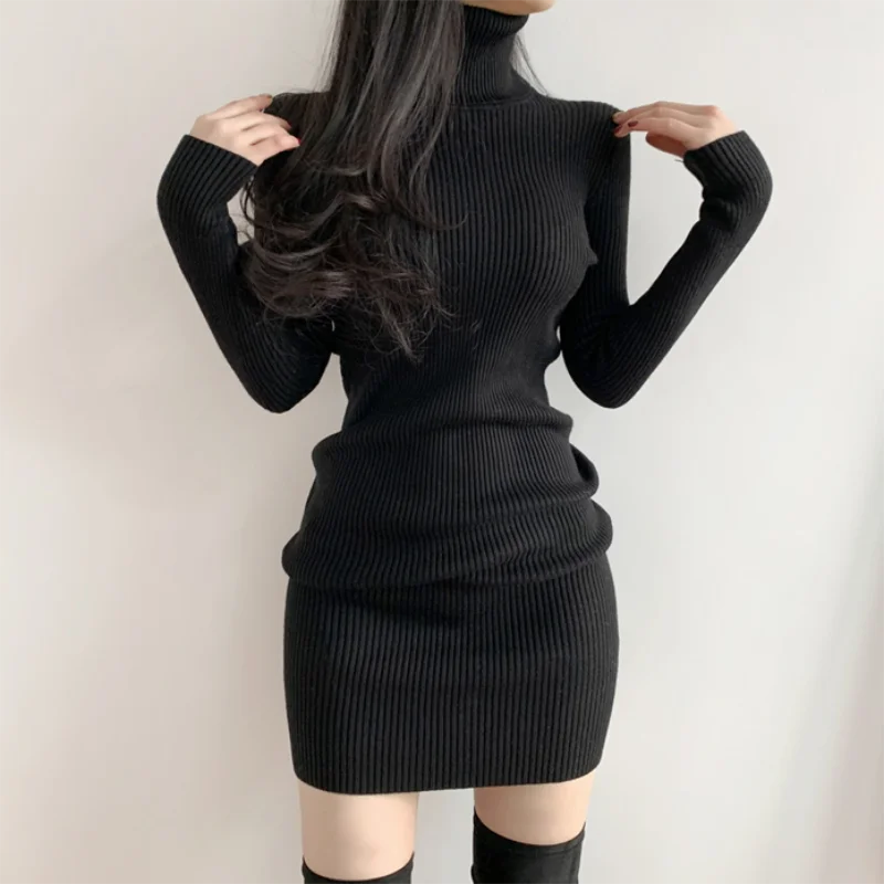 kf-S4914e10fb0ea407db4f20a3a4d47366c3 Women Autumn Winter Turtleneck Warm Bodycon Dress Long Sleeve Knit Solid Office Pullover Sexy Mini Dress for Ladies 2025 - Image 1