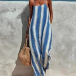 Women Fashion Off Shoulder Pocket Wide Leg Jumpsuit Casual Backless Hollow Beach Romper Striped Printed Camisole Summer Playsuit