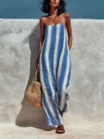 Women Fashion Off Shoulder Pocket Wide Leg Jumpsuit Casual Backless Hollow Beach Romper Striped Printed Camisole Summer Playsuit
