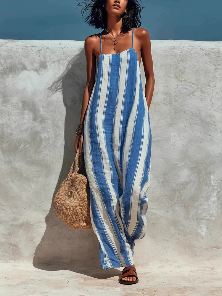 kf-S4cfdb6c77c374dd3ba4f3dc15c2561ead Women Fashion Off Shoulder Pocket Wide Leg Jumpsuit Casual Backless Hollow Beach Romper Striped Printed Camisole Summer Playsuit - Image 1