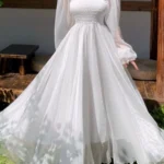 Horetong Elegant Maxi Dresses For Women White Off Shoulder Puff Long Sleeve Elastic High Waist Party Gown Ruffle Holiday Dress