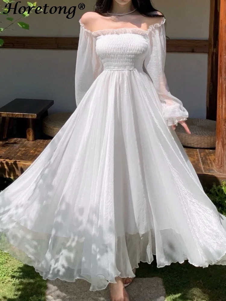 kf-S4d0a96fd611243d3ab8a126609224485E Horetong Elegant Maxi Dresses For Women White Off Shoulder Puff Long Sleeve Elastic High Waist Party Gown Ruffle Holiday Dress - Image 1