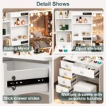 White Dressing Table Vanity Set with Sliding Mirror Frame 3-Color Dimmable LED Lights, 6 Drawers & Stool Ideal Gift Makeup Desk - Image 5