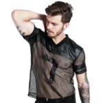 Sexy Men Fishnet T-Shirt PU Faux Leather Mesh Shirts See Through Tops Tee Transparent Short Sleeve Stage Clubwear
