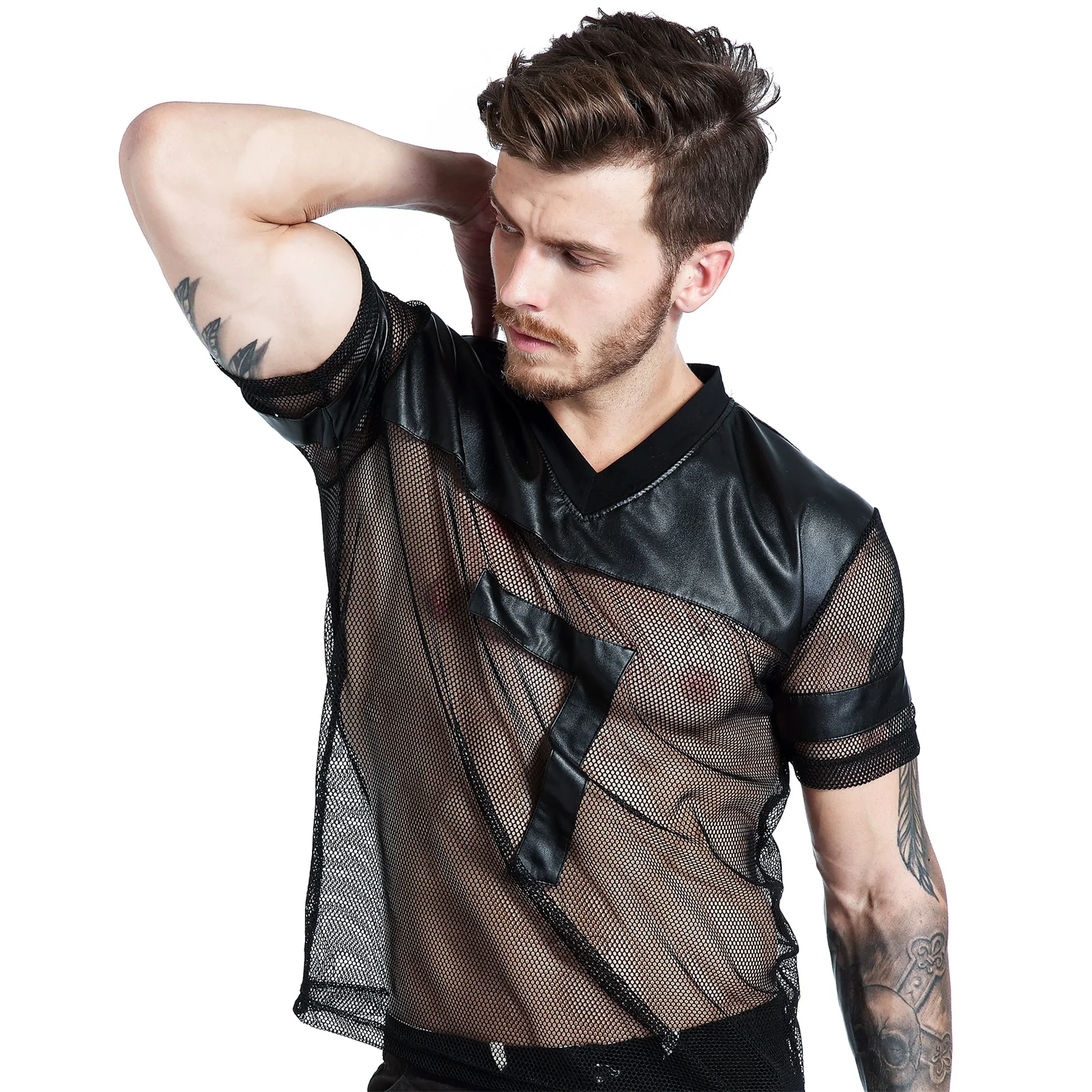 kf-S4f0a516ca5054f11a9f158f4b6ed5297o Sexy Men Fishnet T-Shirt PU Faux Leather Mesh Shirts See Through Tops Tee Transparent Short Sleeve Stage Clubwear - Image 1