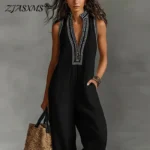 Bohemian Vacation Jumpsuit for Woman 2026 Spring Sexy Print Deep V Neck Hollow Rompers Summer Sleeveless Wide Leg Pants Overalls