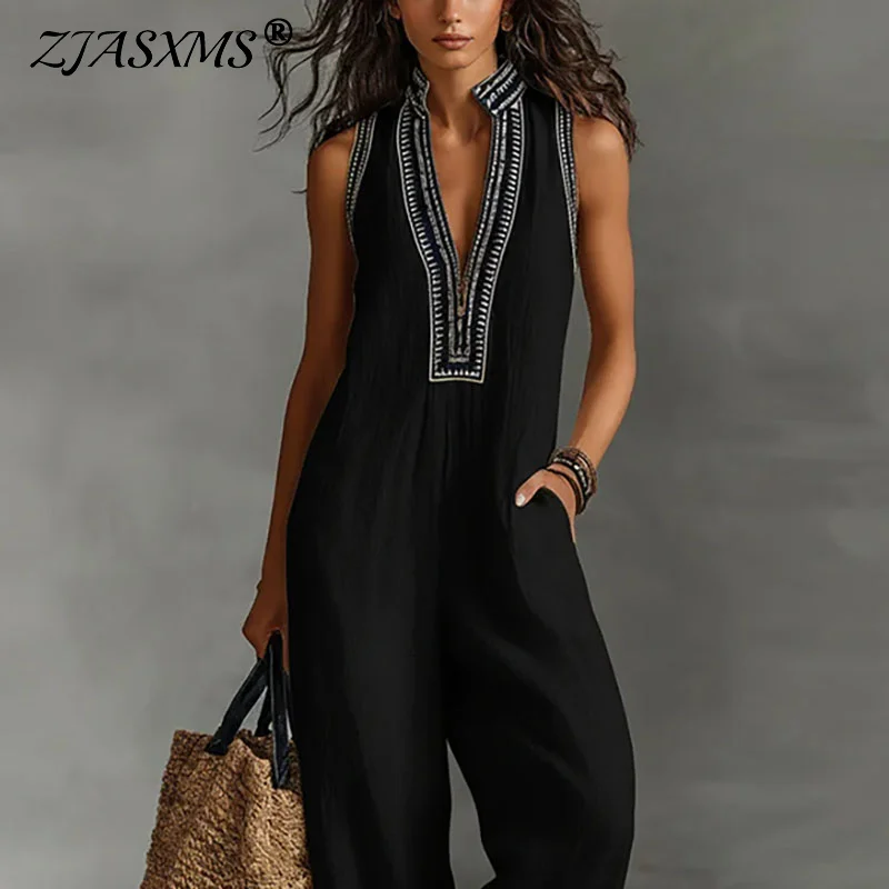 kf-S50fe6bc266ec4492a9b0a08c7e96ffd7F Bohemian Vacation Jumpsuit for Woman 2026 Spring Sexy Print Deep V Neck Hollow Rompers Summer Sleeveless Wide Leg Pants Overalls - Image 1