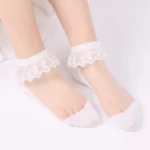 Women Lolita Transparent Mesh Crew Socks Sweet Ruffled Lace Trim Bowknot Cute Love Heart Pattern Anime Princess Hosiery