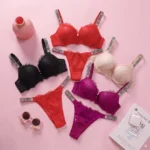 Fashionable Sheer Patterned Set V Lingerie Set Women's Sexy Lingerie Lace Trim Bra and Panty Set Push Up Breathable