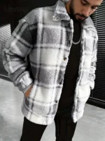 Trendy Mens Plaid Fleece Jackets Vintage Buttoned Lapel Furry Cozy Flannel Jacket Coat For Men Fall Winter New Casual Outerwear