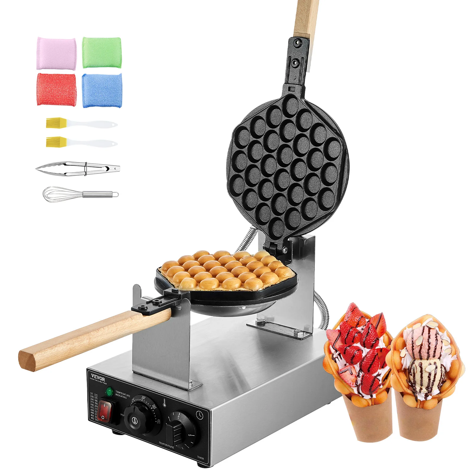 kf-S57c2310c5f95436b82583bbfd956dc41O SucceBuy Commercial Egg Bubble Waffle Maker 1400W Non-Stick Stainless Steel Bubble Puff w/180° Rotatable 2 Pans & Wooden Handles - Image 1