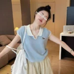 Women's Summer Knit Polo T-Shirt Contrast Color Collar Embroidery Ice Silk Top Slim Fit Short Sleeve Casual Blouse