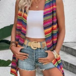 Women's Boho Colorful Geometric Jacquard Sleeveless Vest - Open Front Mid-Long Cardigan for Beach Vacation, Casual & Bohemian