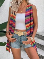Women's Boho Colorful Geometric Jacquard Sleeveless Vest - Open Front Mid-Long Cardigan for Beach Vacation, Casual & Bohemian