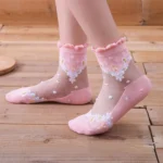 5 Pairs Mesh Floral Print Socks Crystal Glass Vintage Thin Socks Women's Stockings Hosiery Crystal Glass Short Thin Socks - Image 4