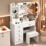 White Dressing Table Vanity Set with Sliding Mirror Frame 3-Color Dimmable LED Lights, 6 Drawers & Stool Ideal Gift Makeup Desk - Image 2