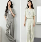 VIMLY Sporty Blouse Matching Sets For Women Summer Simple Loose Printed Top+Casual Elastic Waist Wide-Leg Pants Two Piece Set