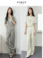 VIMLY Sporty Blouse Matching Sets For Women Summer Simple Loose Printed Top+Casual Elastic Waist Wide-Leg Pants Two Piece Set