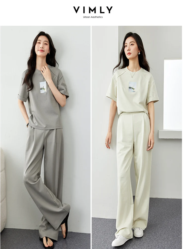 kf-S5d89095dd6464ada9283000d2e5d77a20 VIMLY Sporty Blouse Matching Sets For Women Summer Simple Loose Printed Top+Casual Elastic Waist Wide-Leg Pants Two Piece Set - Image 1
