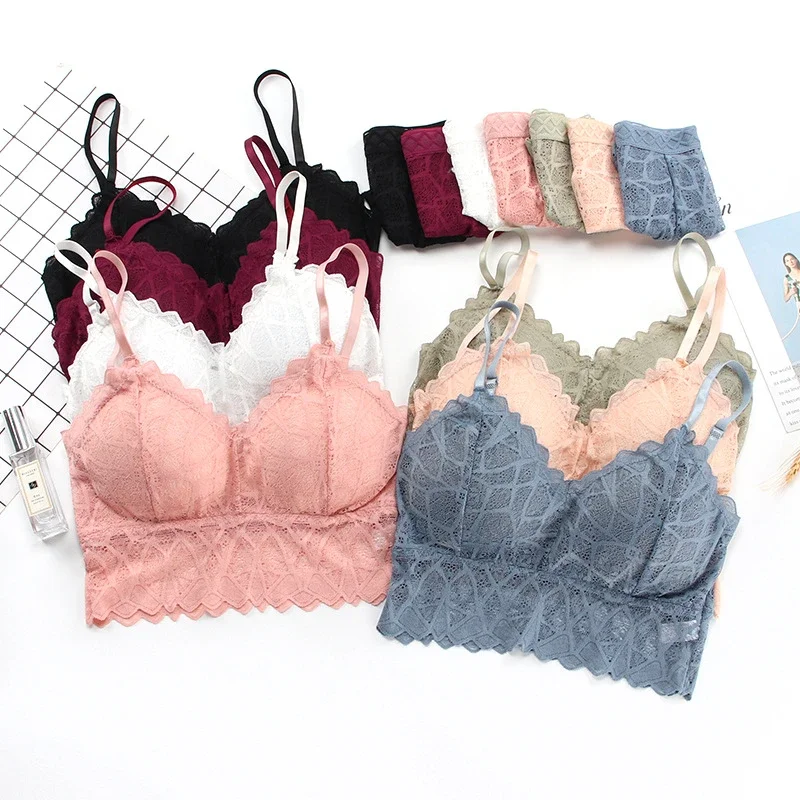 kf-S5e1375cdfb2f428dbac7be651553375df Women's Bra Set Sexy Beauty Back Tops Lace Push-up Bras and Panty Sets Wire Free Lingerie Solid Padded Intimates Underwear - Image 1