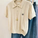 Trendy Versatile Casual Tee 2026 Summer New Women Gray Knitted Polo Neck T-shirt Cute Bow Embroidery Short Sleeve Tops