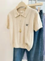 Trendy Versatile Casual Tee 2026 Summer New Women Gray Knitted Polo Neck T-shirt Cute Bow Embroidery Short Sleeve Tops