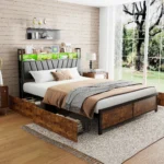 Comanlai 180/160/140×200cm Double Upholstered Bed with LED Light Strip, 4 Drawers and Storage Space, and Headboard with USB - Image 2