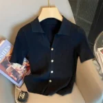 Knitted Polo Shirt Women's Summer Cardigan Short Sleeve T-Shirt Casual Fashion Short Sleeve Tops Knitwear 2025 Korean Clothing