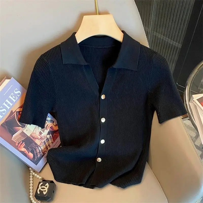 kf-S62886c411a3641dd924b420dff65694dG Knitted Polo Shirt Women's Summer Cardigan Short Sleeve T-Shirt Casual Fashion Short Sleeve Tops Knitwear 2025 Korean Clothing - Image 1