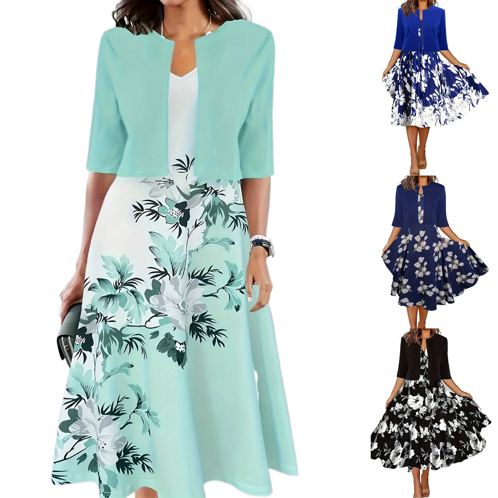kf-S62c349079cf44c1ba1b4f55ac31902c8v 2024 Europe and the United States autumn new women's long dress two-piece set of floral print round neck dress coat women - Image 1