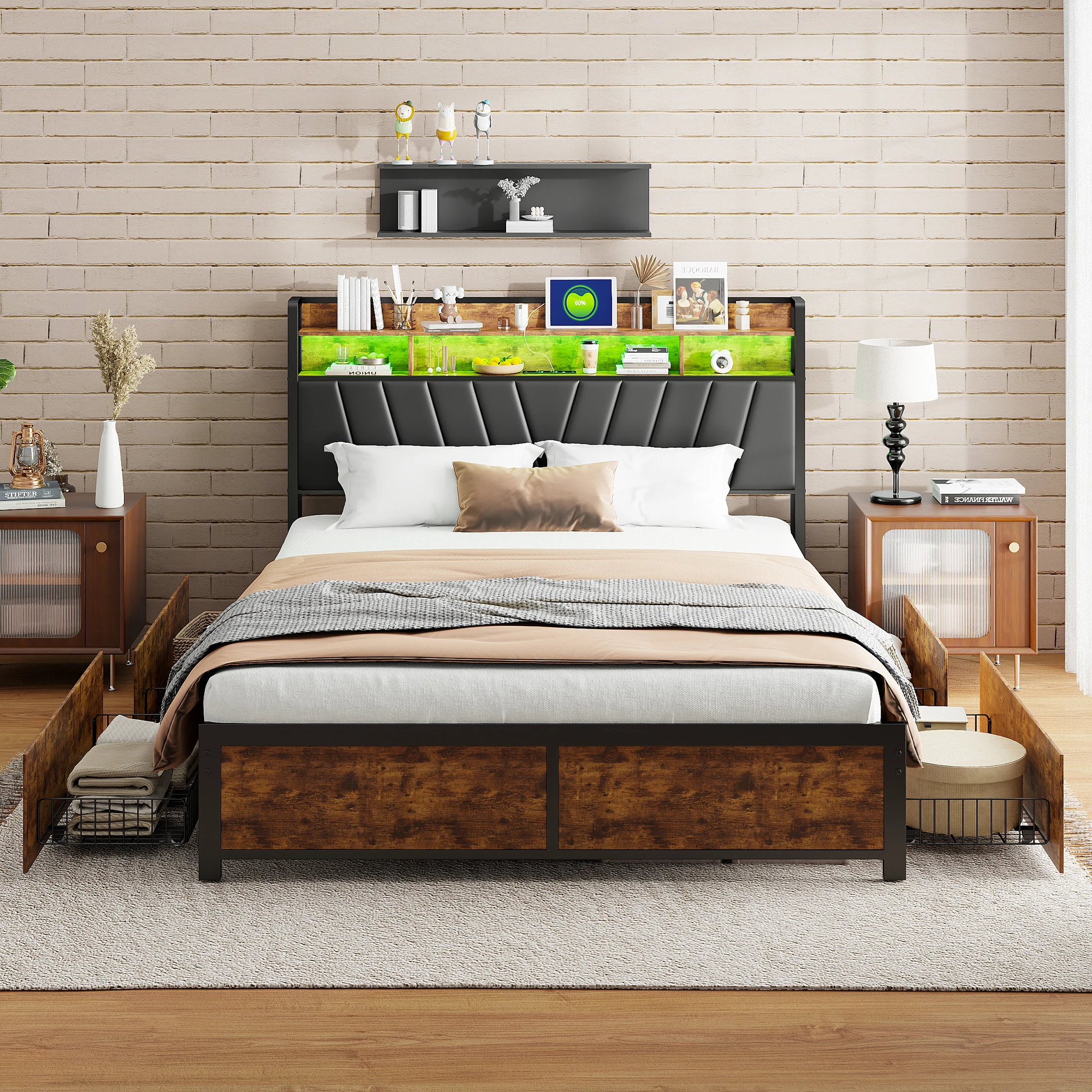 kf-S645920b4cb6f4625b785065de72c9a58H Comanlai 180/160/140×200cm Double Upholstered Bed with LED Light Strip, 4 Drawers and Storage Space, and Headboard with USB - Image 1