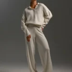 Sumuyoo Winter Thick Women Knitted Suits Cashmere Soft 2 Pieces Sets Female Polo Neck Sweater & Wide Leg Pants Knitted Outfit