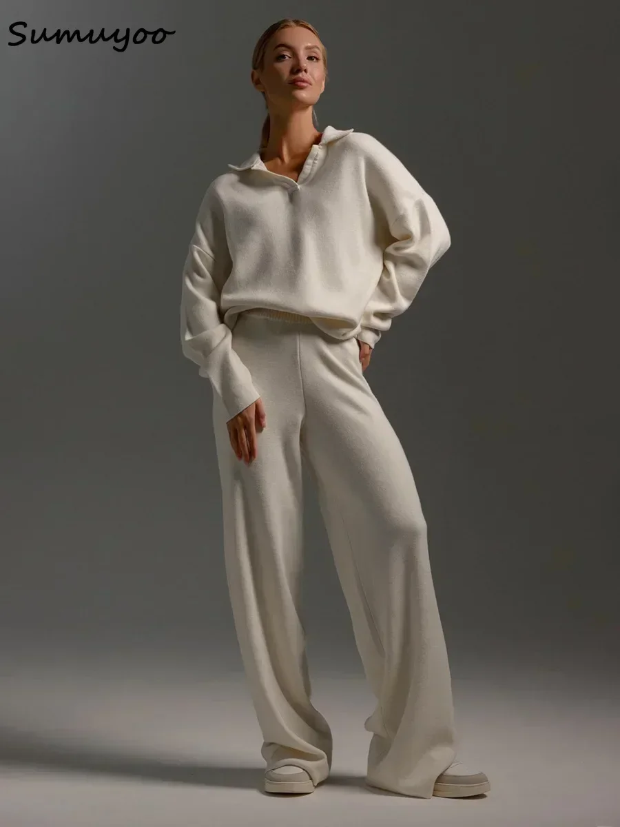 kf-S659872bc5835406e9156bd4abe409a8e4 Sumuyoo Winter Thick Women Knitted Suits Cashmere Soft 2 Pieces Sets Female Polo Neck Sweater & Wide Leg Pants Knitted Outfit - Image 1